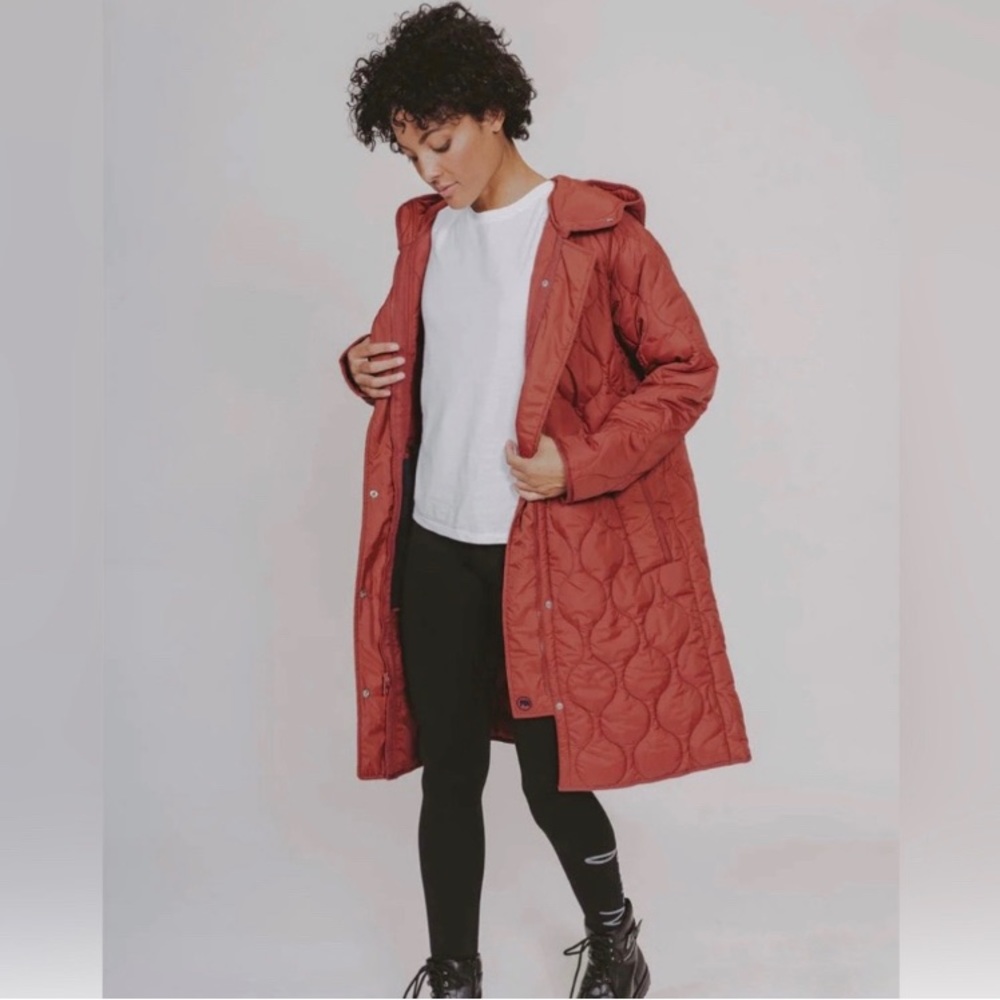 The Normal Brand Quilted Long Coat Size Small Hood Snap Close Burnt Orange NWT